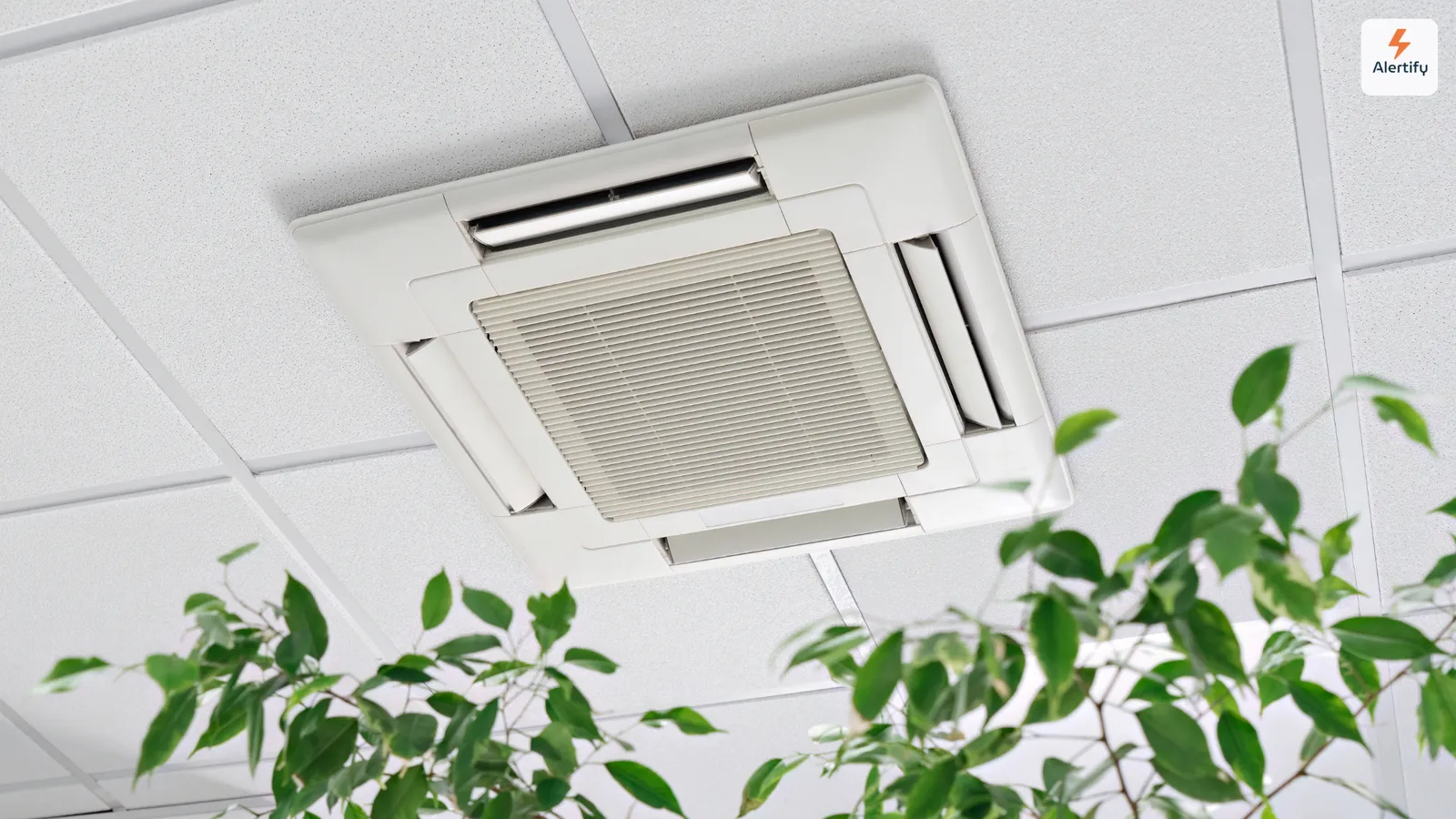 Une cassette de climatisation montée au plafond dans un plafond carrelé, avec les feuilles d'une plante d'intérieur au premier plan.