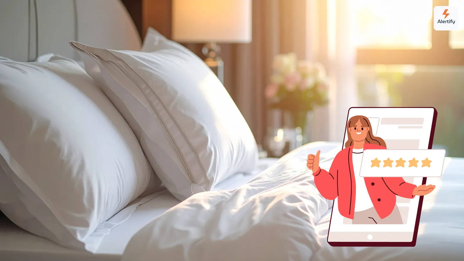 Un lit fait avec des oreillers blancs impeccables dans une chambre de location ensoleillée, à côté d'un voyageur illustré brandissant un avis cinq étoiles sur son téléphone.