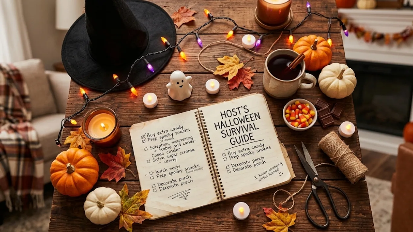 Liste de préparation d'Halloween d'un hôte dans un carnet posé sur une table en bois, entourée de citrouilles, bougies, guirlandes lumineuses et d'un chapeau de sorcière