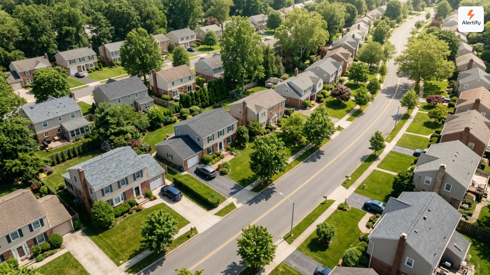 Vue aérienne d'une rue résidentielle arborée bordée de maisons individuelles