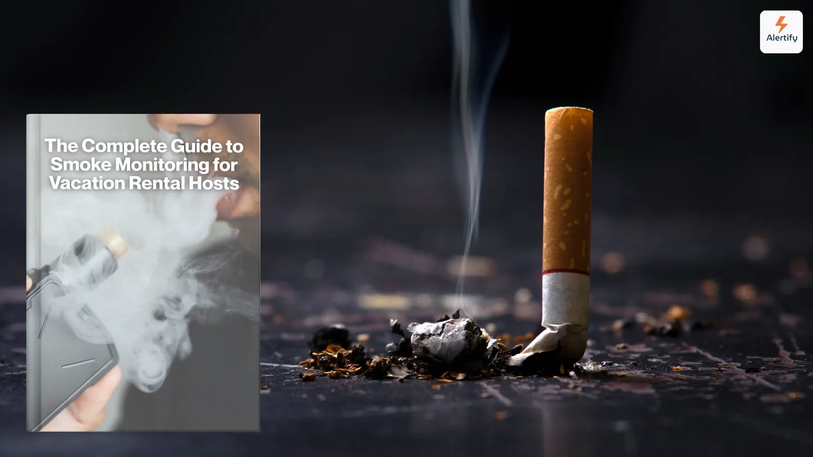 Couverture façon e-book du guide complet de la surveillance de la fumée à côté d'une cigarette éteinte sur une surface sombre