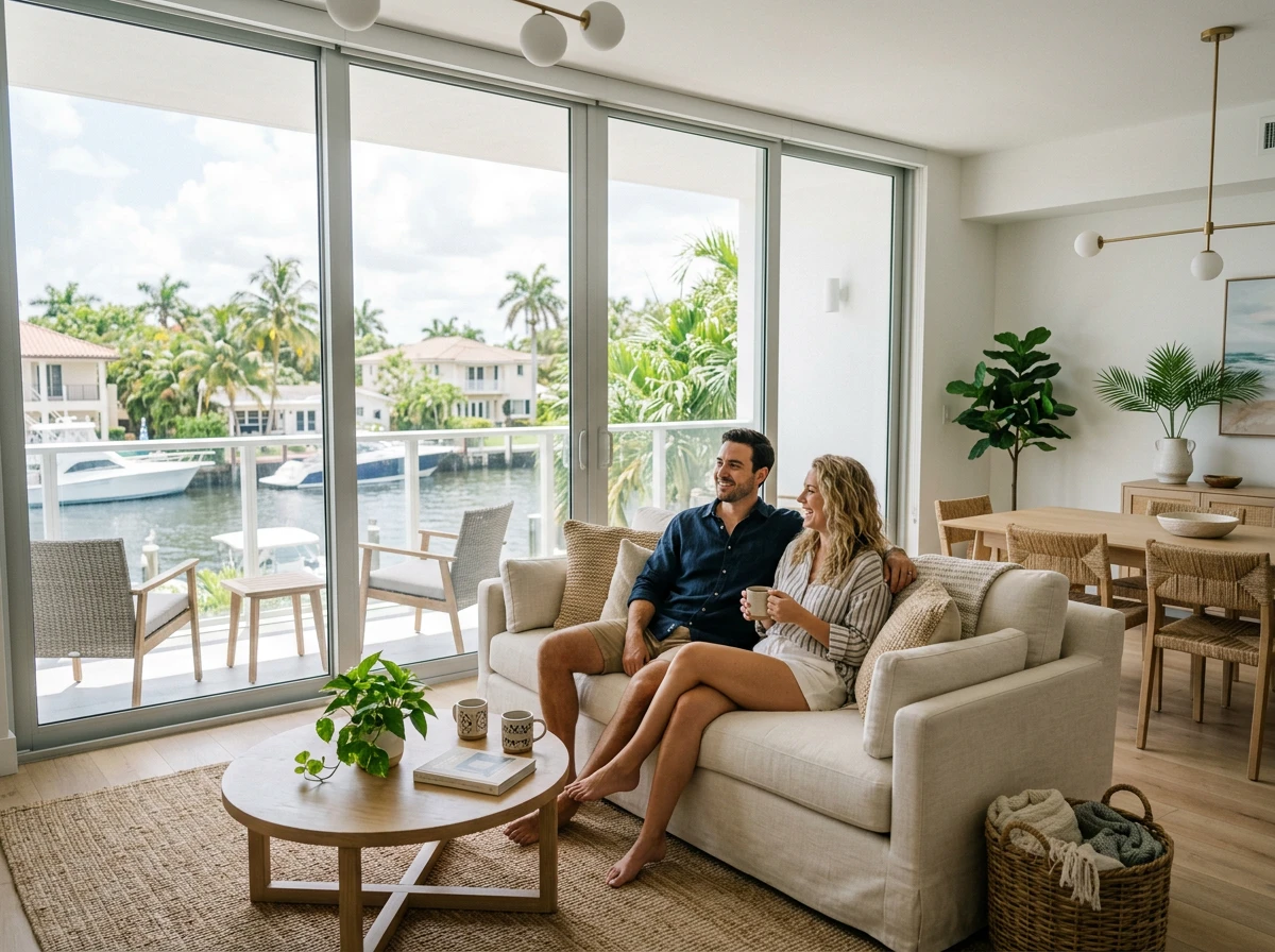Couple se détendant dans une location de vacances lumineuse en bord de mer en Floride