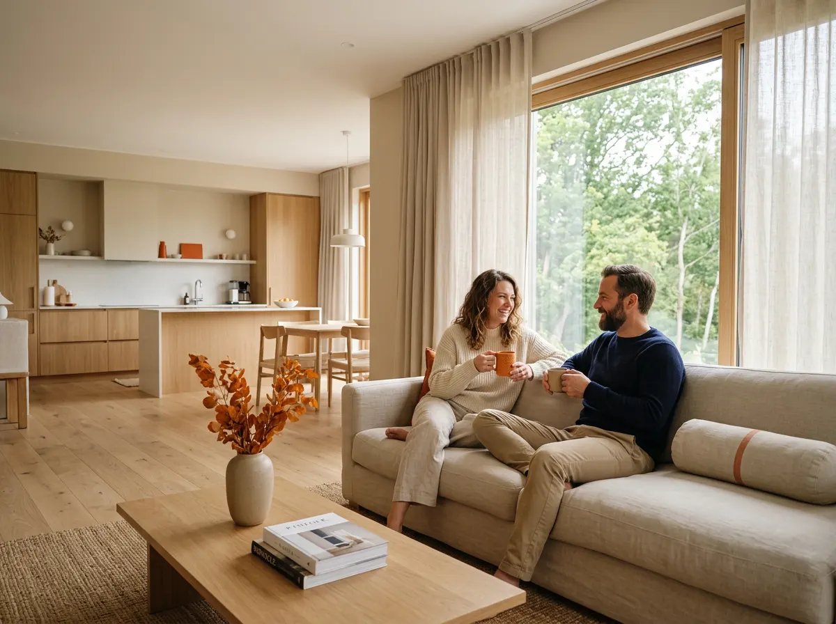 Deux voyageurs se détendent avec un café sur le canapé d'une location de vacances lumineuse et calme
